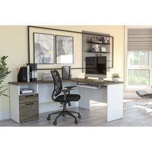Load image into Gallery viewer, 71" x 59" L-shaped Desk in White & Walnut Gray