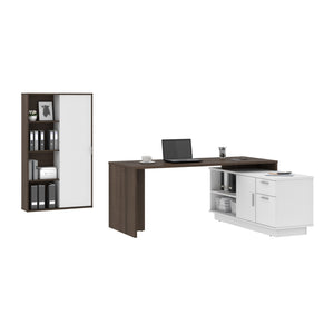 71" Modern L-Shaped Desk Set with Credenza & Cabinet in Antigua/White