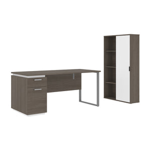 Bark Gray & White 66" Desk Set with Cabinet