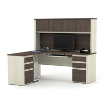 Load image into Gallery viewer, Modern L-shaped Desk with Hutch in White Chocolate & Antigua