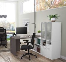 Load image into Gallery viewer, 71" Bark Gray and White L-shaped Desk with Privacy Glass Hutch