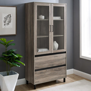 68" Gray Woodgrain Bookcase with Glass Doors