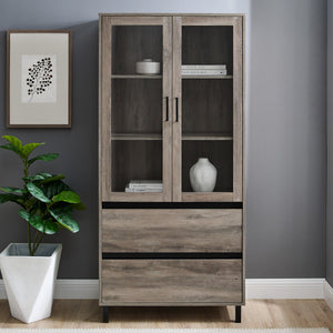 68" Gray Woodgrain Bookcase with Glass Doors