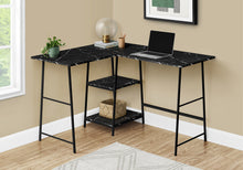 Load image into Gallery viewer, Industrial-Style 47&quot; Black Marble L-Shaped Writing Desk with Open Shelves
