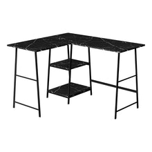 Load image into Gallery viewer, Industrial-Style 47&quot; Black Marble L-Shaped Writing Desk with Open Shelves
