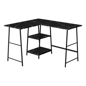 Industrial-Style 47" Black Marble L-Shaped Writing Desk with Open Shelves