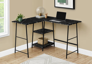 Industrial-Style 47" Black Marble L-Shaped Writing Desk with Open Shelves