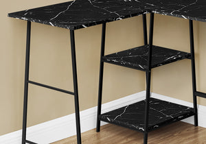 Industrial-Style 47" Black Marble L-Shaped Writing Desk with Open Shelves