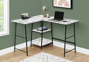 Industrial-Style 47" White Marble L-Shaped Writing Desk with Open Shelves