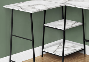 Industrial-Style 47" White Marble L-Shaped Writing Desk with Open Shelves