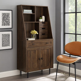 64" Dark Walnut Vertical Desk with Storage Hutch