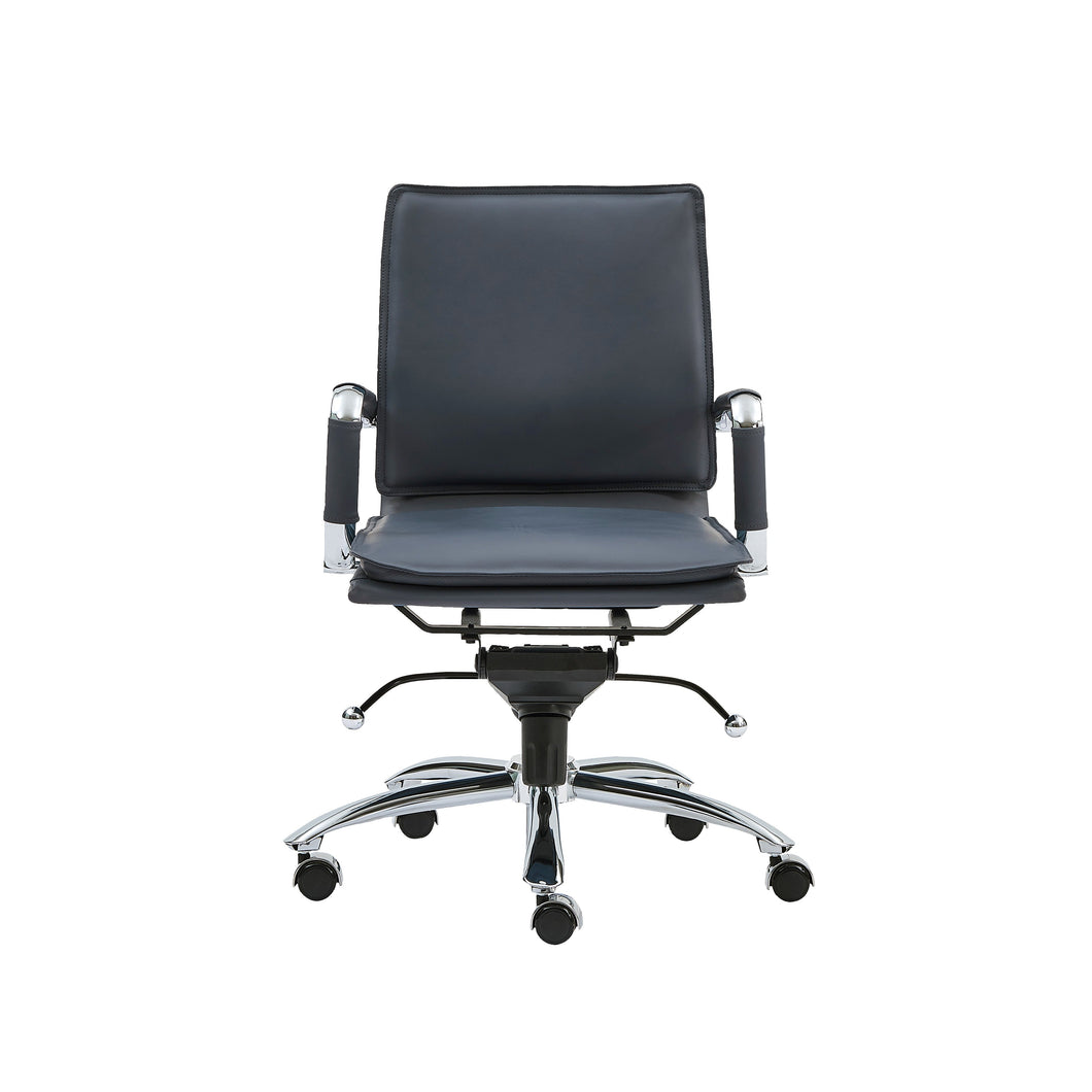 Classy Blue Leather & Chrome Modern Low Back Office Chair