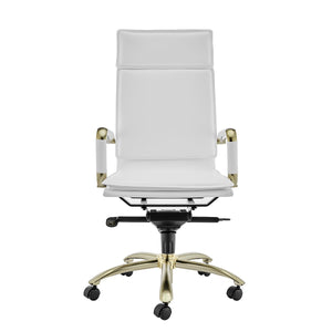 Professional High Back Office Chair in White Leather and Brushed Gold