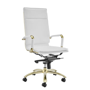 Professional High Back Office Chair in White Leather and Brushed Gold