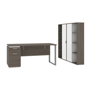 Bark Gray & White 66" Desk with Twin Cabinets