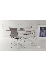 Taupe Leather & Chrome Stationary Conference Chair