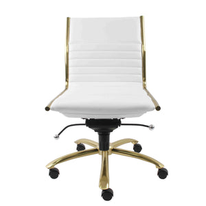 White Faux Leather & Brushed Gold Armless Office Chair