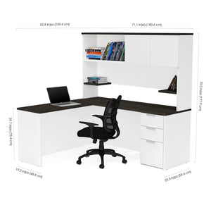 White & Deep Gray Single Pedestal L-shaped Desk & Hutch