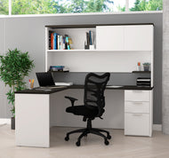 White & Deep Gray Single Pedestal L-shaped Desk & Hutch
