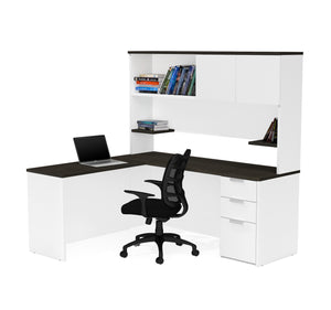White & Deep Gray Single Pedestal L-shaped Desk & Hutch