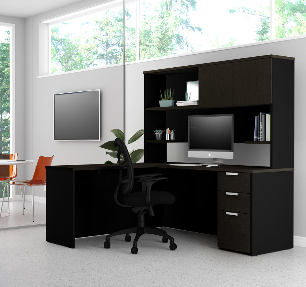 Deep Gray & Black Single Pedestal L-shaped Desk and Hutch