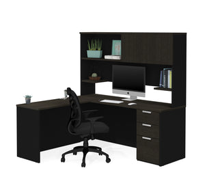 Deep Gray & Black Single Pedestal L-shaped Desk and Hutch