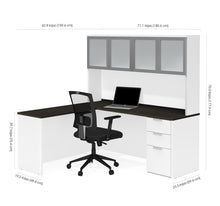 Load image into Gallery viewer, Modern L-Shaped Desk &amp; Hutch with Frosted Glass Doors in White / Deep Gray
