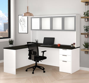 Modern L-Shaped Desk & Hutch with Frosted Glass Doors in White / Deep Gray