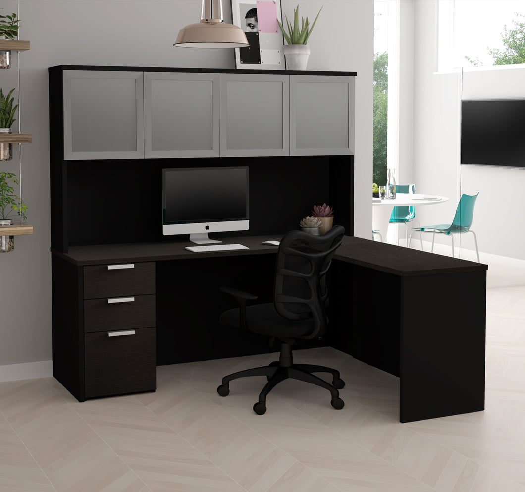 Modern L-Shaped Desk & Hutch in Deep Gray & Black Finish