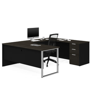 Modern U-shaped Single Pedestal Desk in Deep Gray & Black Finish