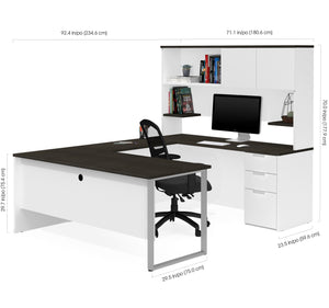 U-shaped Office Desk with Hutch in White & Deep Gray