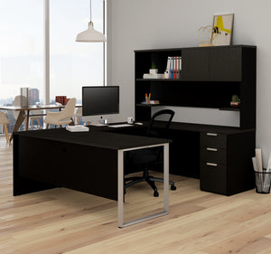 U-shaped Office Desk with Hutch in Deep Gray & Black