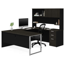 Load image into Gallery viewer, U-shaped Office Desk with Hutch in Deep Gray &amp; Black
