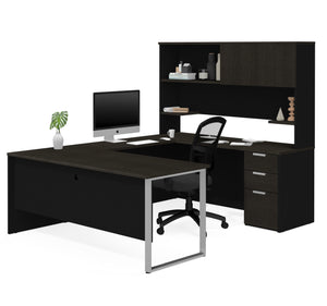 U-shaped Office Desk with Hutch in Deep Gray & Black