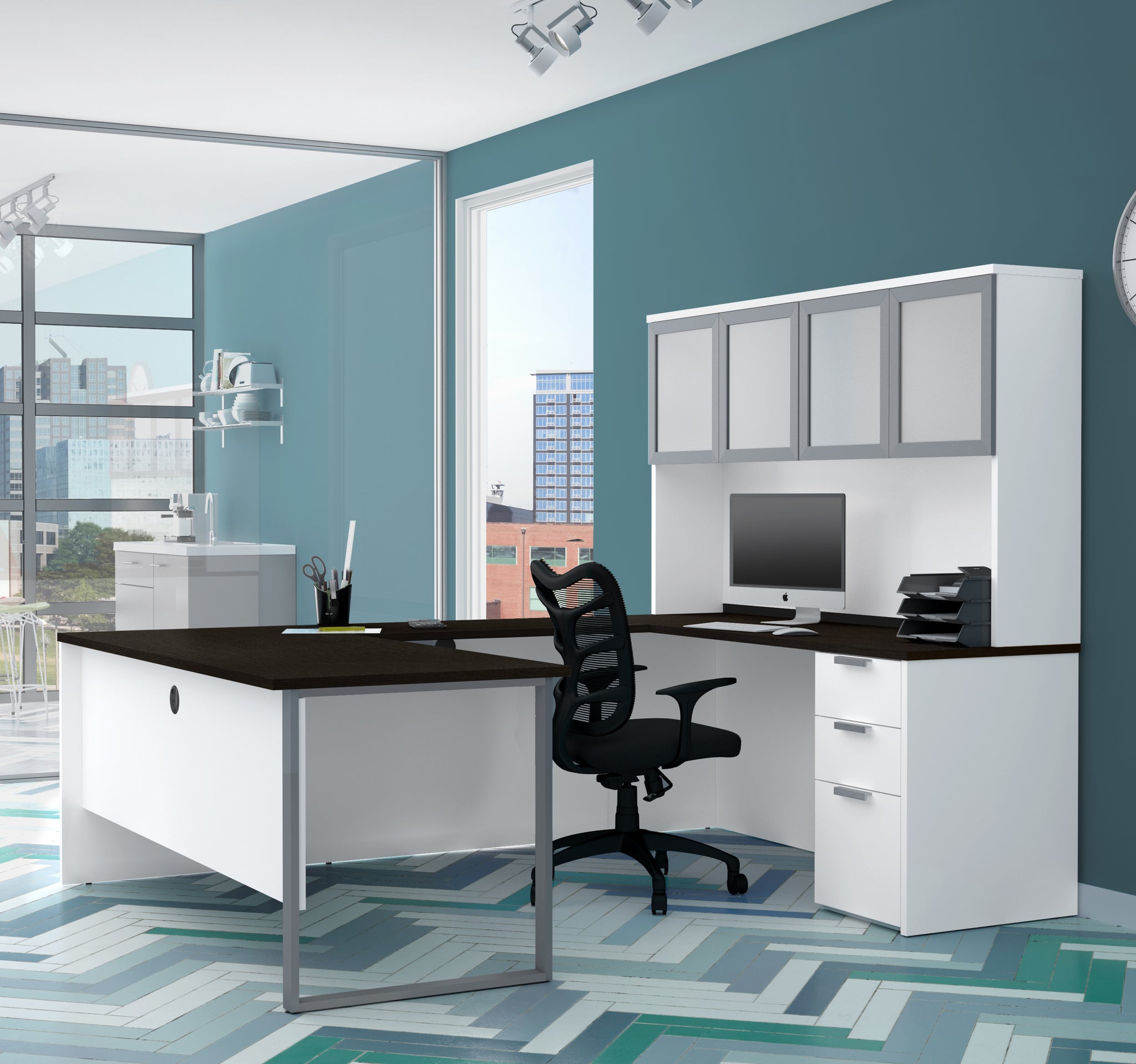 Ultra Modern White & Deep Gray U-Shaped Desk With Hutch – Computerdesk.Com