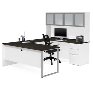 Ultra Modern White & Deep Gray U-shaped Desk with Hutch