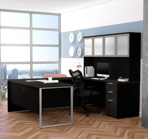 Deep Gray & Black Contemporary U-shaped Desk with Hutch