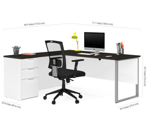 White & Deep Gray L-shaped Contemporary Single Pedestal Desk