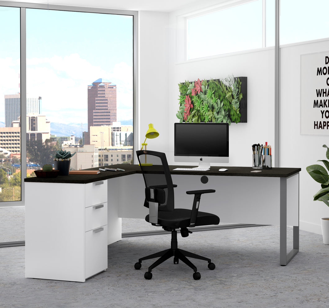 White & Deep Gray L-shaped Contemporary Single Pedestal Desk