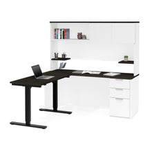 Load image into Gallery viewer, L-shaped Desk &amp; Hutch with Height Adjustable Side, in White &amp; Deep Gray
