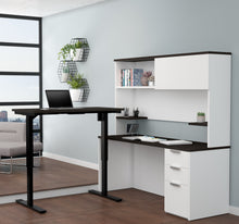 Load image into Gallery viewer, L-shaped Desk &amp; Hutch with Height Adjustable Side, in White &amp; Deep Gray
