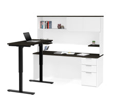 Load image into Gallery viewer, L-shaped Desk &amp; Hutch with Height Adjustable Side, in White &amp; Deep Gray
