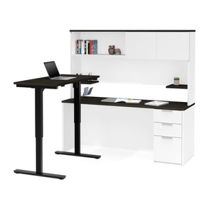 L-shaped Desk & Hutch with Height Adjustable Side, in White & Deep Gray