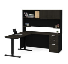 Load image into Gallery viewer, L-shaped Desk &amp; Hutch with Height Adjustable Side, in Deep Gray &amp; Black
