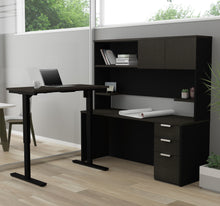 Load image into Gallery viewer, L-shaped Desk &amp; Hutch with Height Adjustable Side, in Deep Gray &amp; Black
