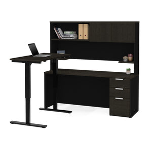 L-shaped Desk & Hutch with Height Adjustable Side, in Deep Gray & Black