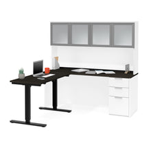 Load image into Gallery viewer, Modern L-shaped Deep Gray &amp; White Height Adjustable Desk with Glass Door Hutch
