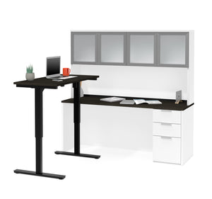 Modern L-shaped Deep Gray & White Height Adjustable Desk with Glass Door Hutch
