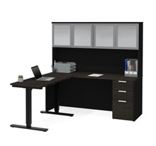 Load image into Gallery viewer, Modern L-shaped Desk &amp; Hutch with Glass Doors, with Height Adjustable Side
