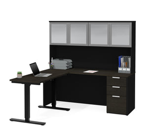 Modern L-shaped Desk & Hutch with Glass Doors, with Height Adjustable Side